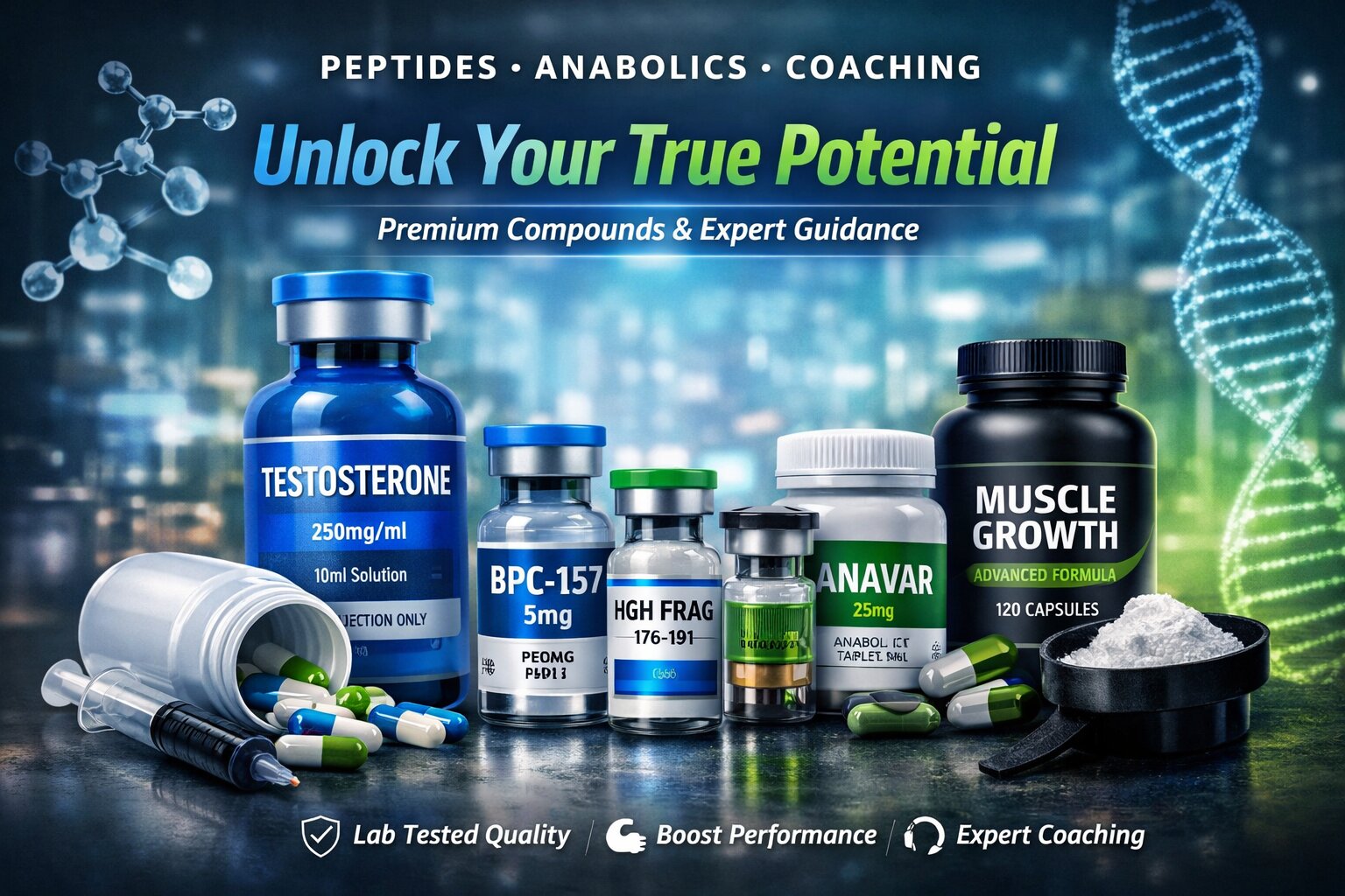 Premium peptides and anabolics collection with coaching consultation
